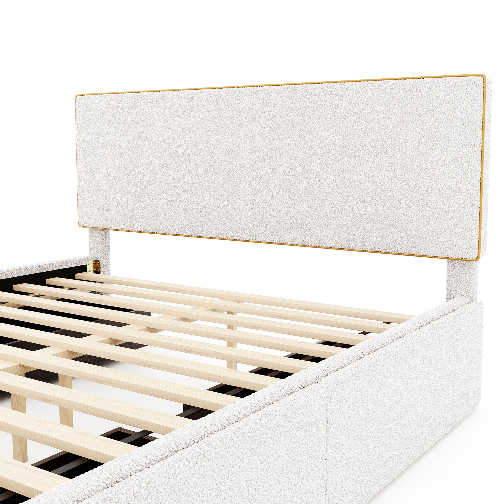 Queen Size Upholstered Platform Bed with 4 Drawers and Golden Edge on the Headboard & Footboard, White - Atlantic Fine Furniture Melbourne FL