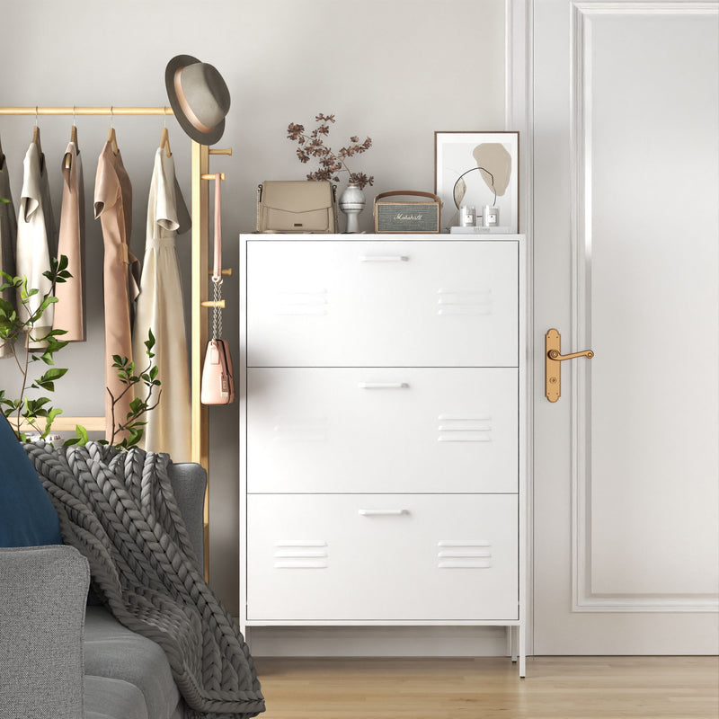 Modern Shoe Storage Cabinet With 3 Flip Drawers And Metal Frame For Entryway - Brushed Nickel