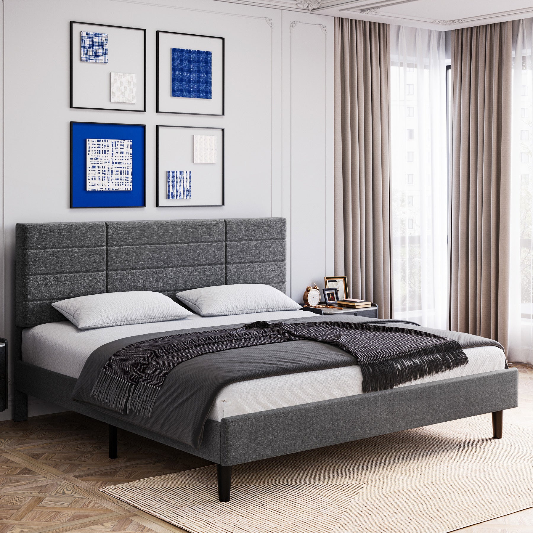 Molblly Full Size Bed Frame with Upholstered Headboard, Strong Frame, and Wooden Slats Support, Non-Slip and Noise-Free, No Box Spring Needed, Easy Assembly, Dark Grey - Atlantic Fine Furniture Melbourne FL