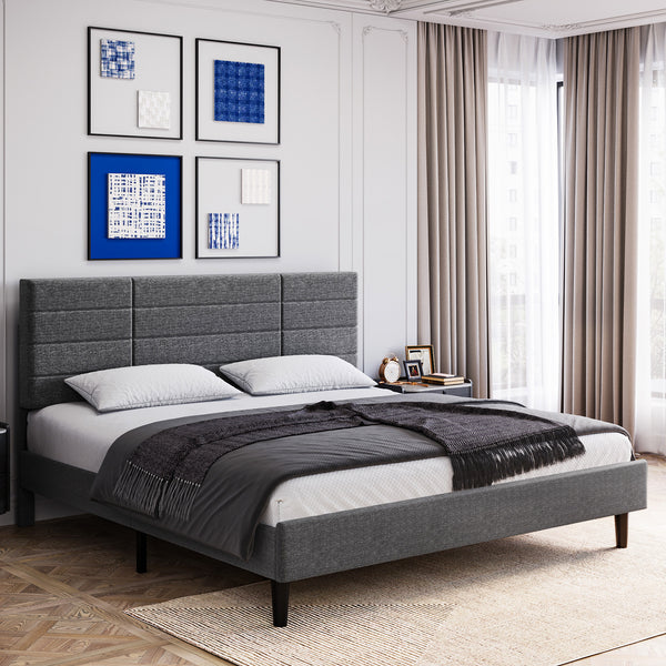 Molblly King Size Bed Frame with Upholstered Headboard, Strong Frame, and Wooden Slats Support, Non-Slip, and Noise-Free, No Box Spring Needed, Easy Assembly, Dark Grey