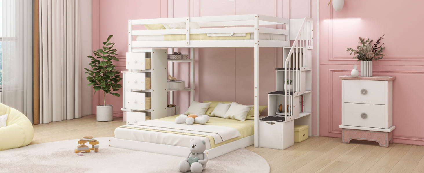 Twin Over Full Bunk Bed with 3-layer Shelves, Drawers and Storage Stairs, White - Atlantic Fine Furniture Melbourne FL