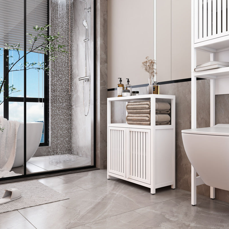 Bamboo Large Capacity Storage Cabinet With Shelves For Bathroom And Living Room - White