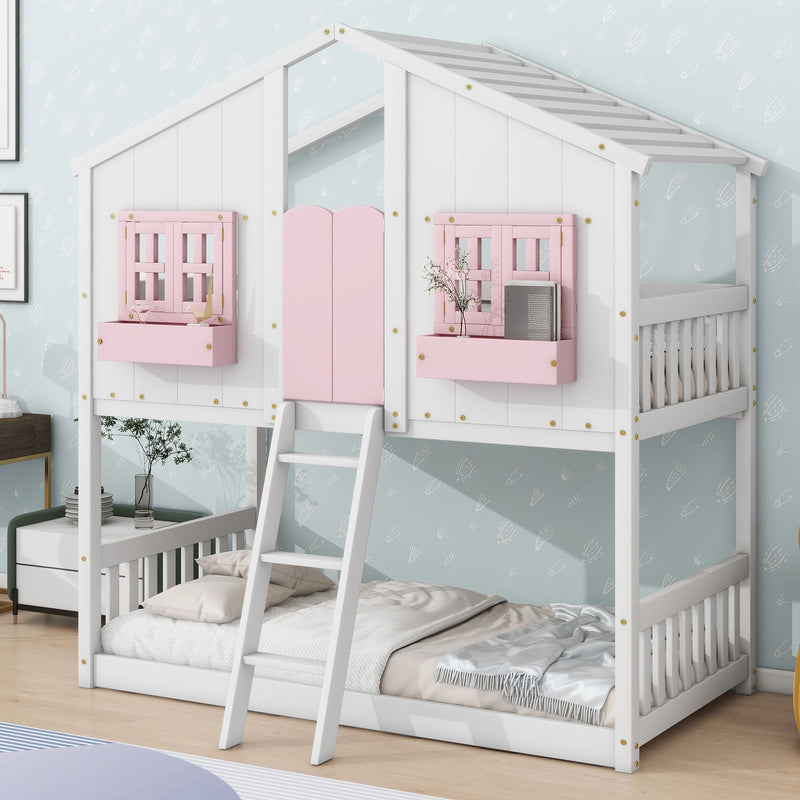 House Bunk Bed With Roof, Window, Window Box, Door, With Safety Guardrails And Ladder