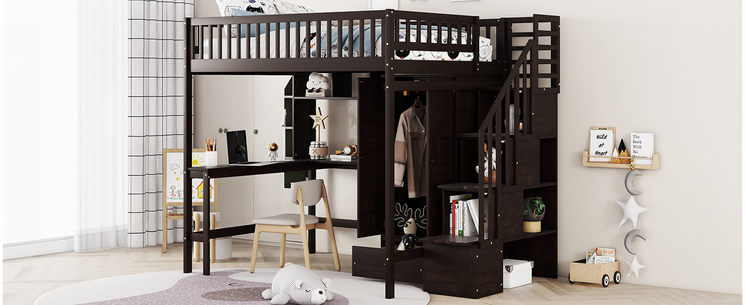 Full size Loft Bed with Bookshelf,Drawers,Desk,and Wardrobe-Espresso