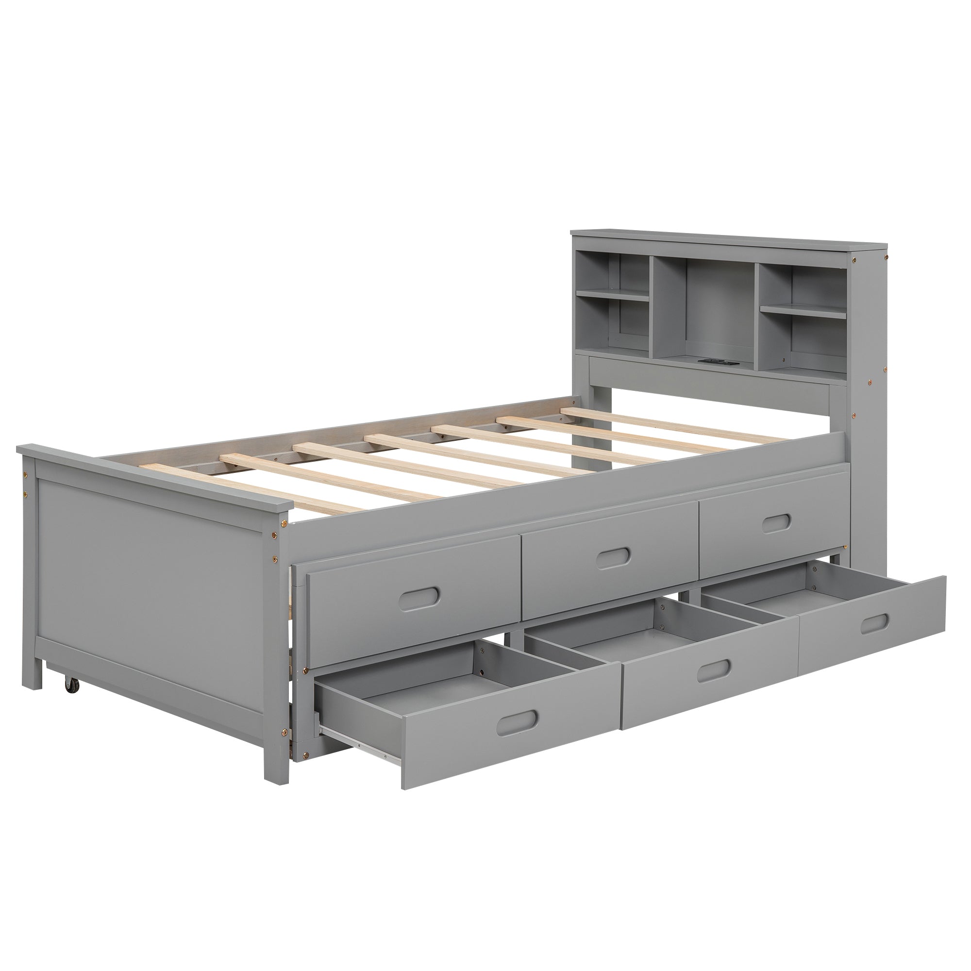 Twin Size Platform Bed with Storage Headboard, USB, Twin Size Trundle and 3 Drawers, Gray - Atlantic Fine Furniture Melbourne FL