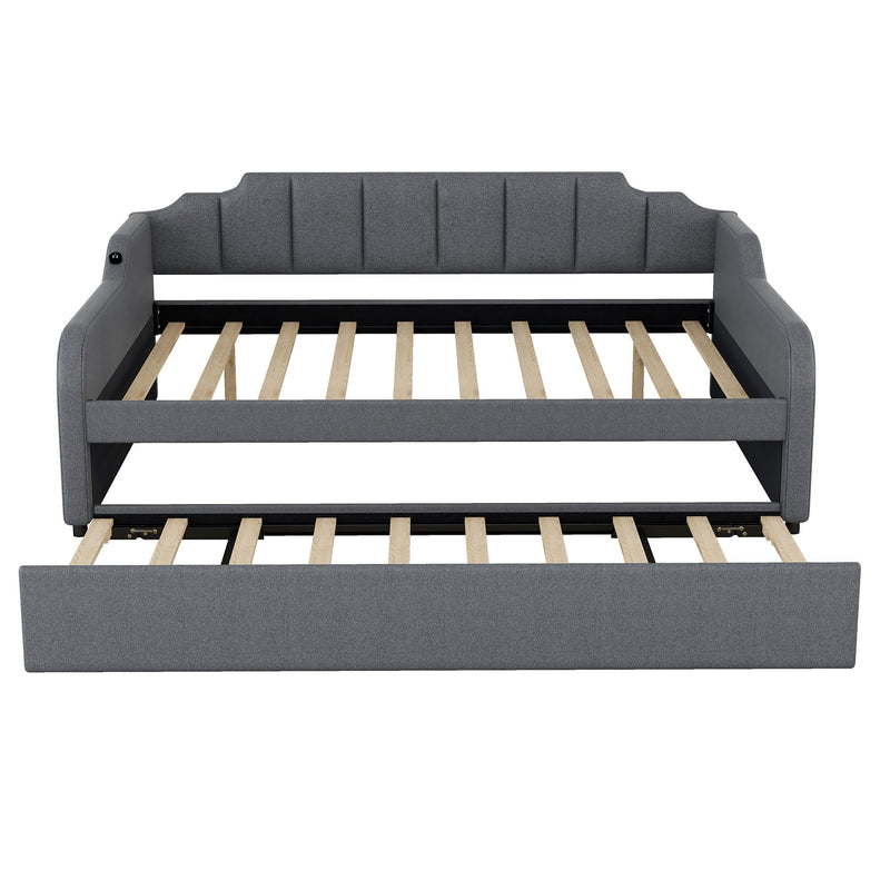 Full Size Upholstered Daybed With Trundle And USB Charging - Gray