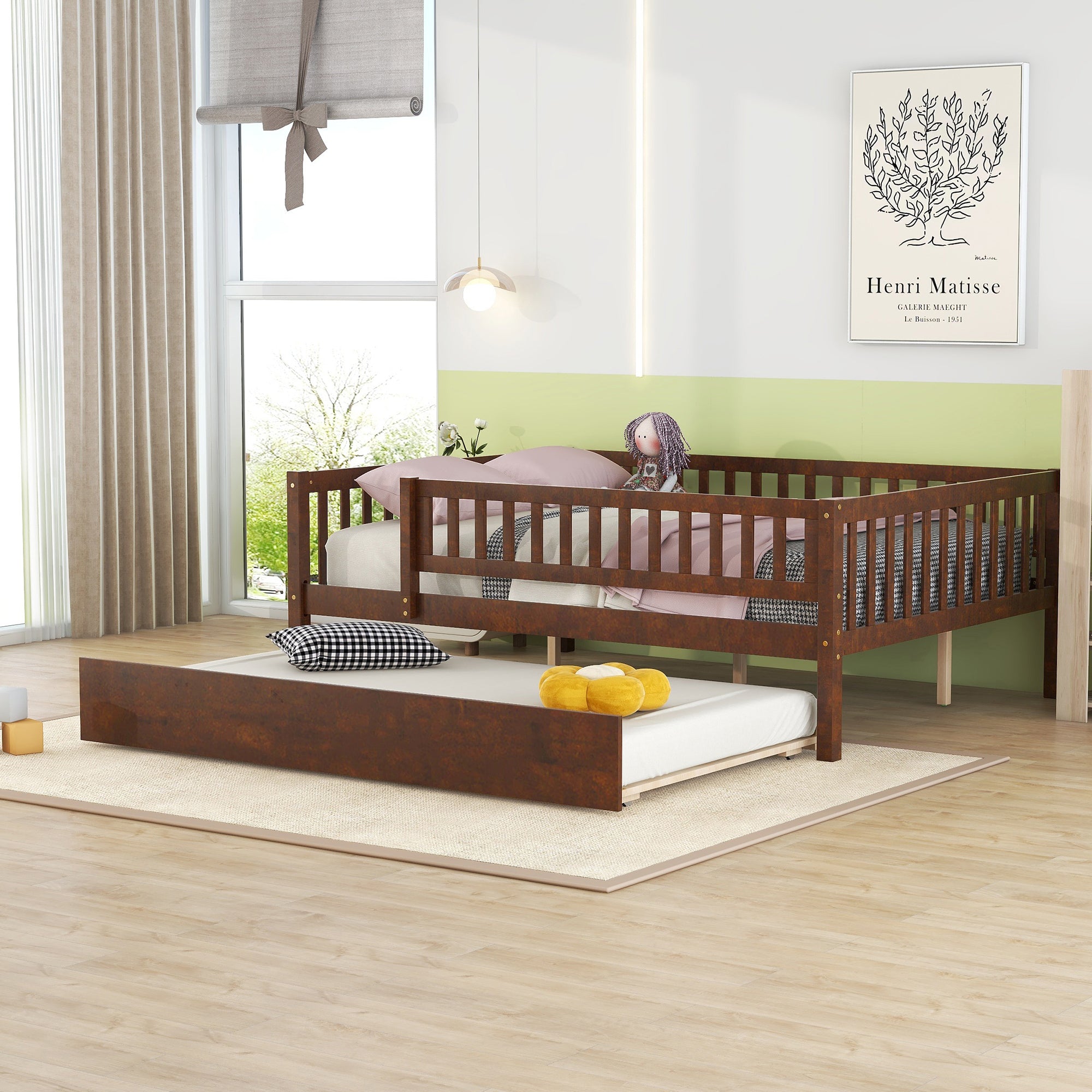 Full Size Wood Daybed with Trundle and Fence Guardrails, Walnut - Atlantic Fine Furniture Melbourne FL