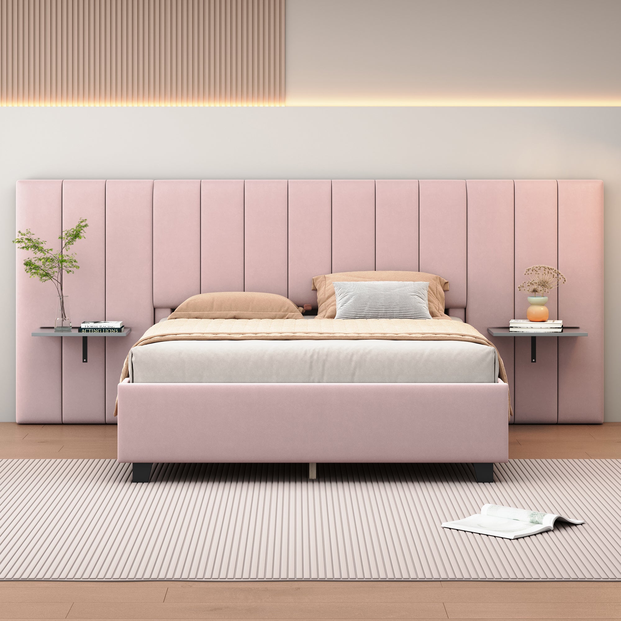 Queen Size Upholstered Platform Bed with Big Headboard, Bedroom Furniture, Velvet, Pink - Atlantic Fine Furniture Melbourne FL