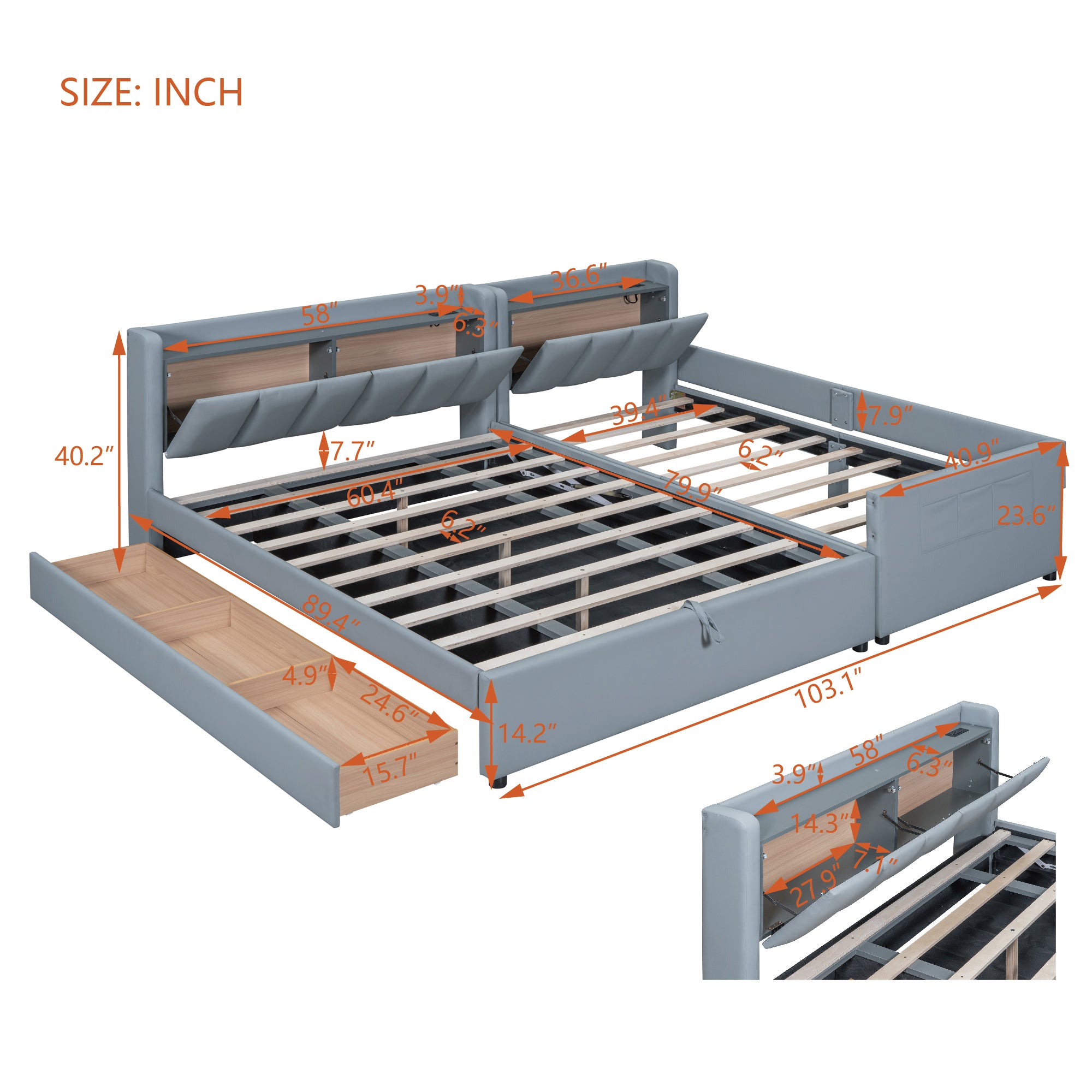Queen Size & Twin XL Size Upholstered Platform Bed, Mother & Child Bed with Hydraulic Storage System, Drawer Box, Bedhead storage shelf and Two pairs of sockets & USB Ports, PU Leather, Gray - Atlantic Fine Furniture Melbourne FL