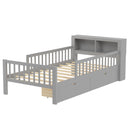 Bed With Headboard Storage Rack, 2 Under Bed Drawers, 3 Side Guardrails For Safety