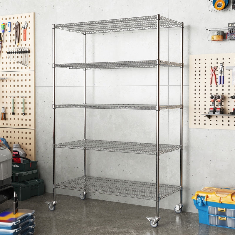Heavy Duty Adjustable Shelving Unit, 5 Tier Wire Storage Shelves With Wheels - Brushed Nickel