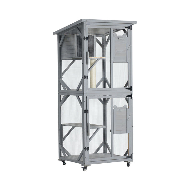 Large Cat House Outdoor Catio Cat Enclosures On Wheels, Kitty House With Upgraded Resting Box Waterproof Roof - Gray