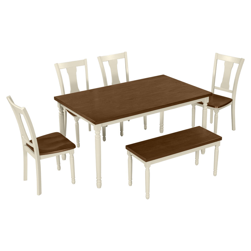 6 Piece Dining Set Classic Wooden Table And 4 Chairs With Bench For Kitchen Dining Room - Brown / Cottage White