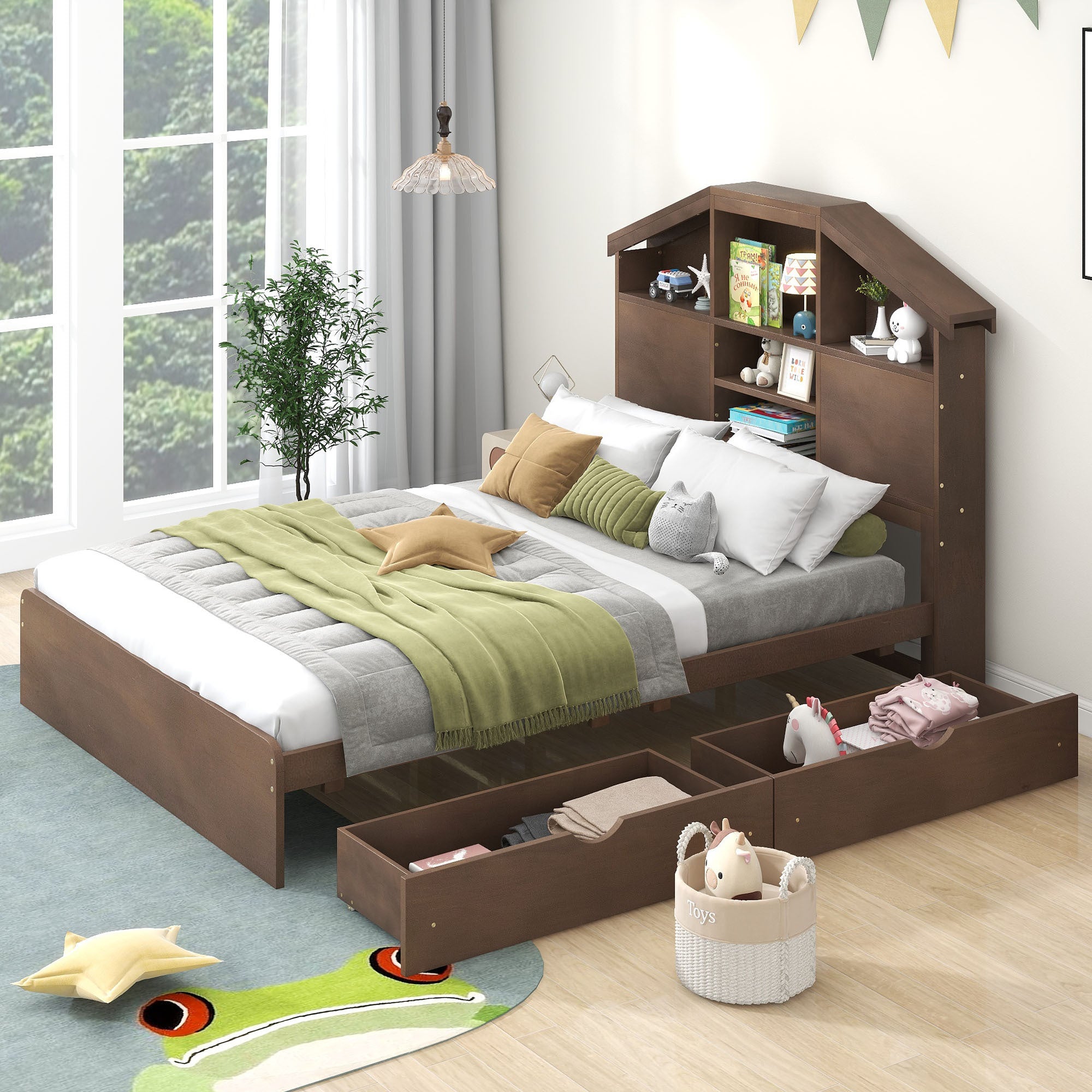 Full Size Wood Platform Bed with House-shaped Storage Headboard and 2 Drawers, Walnut - Atlantic Fine Furniture Melbourne FL