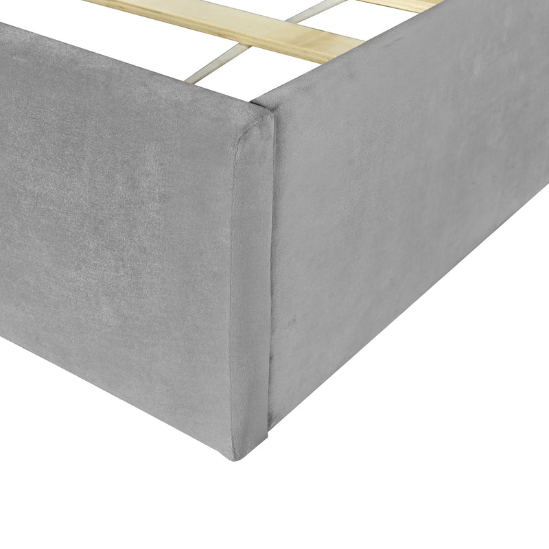 Full Size Upholstered Platform Bed with Lateral Storage Compartments and Thick Fabric, Velvet, Gray