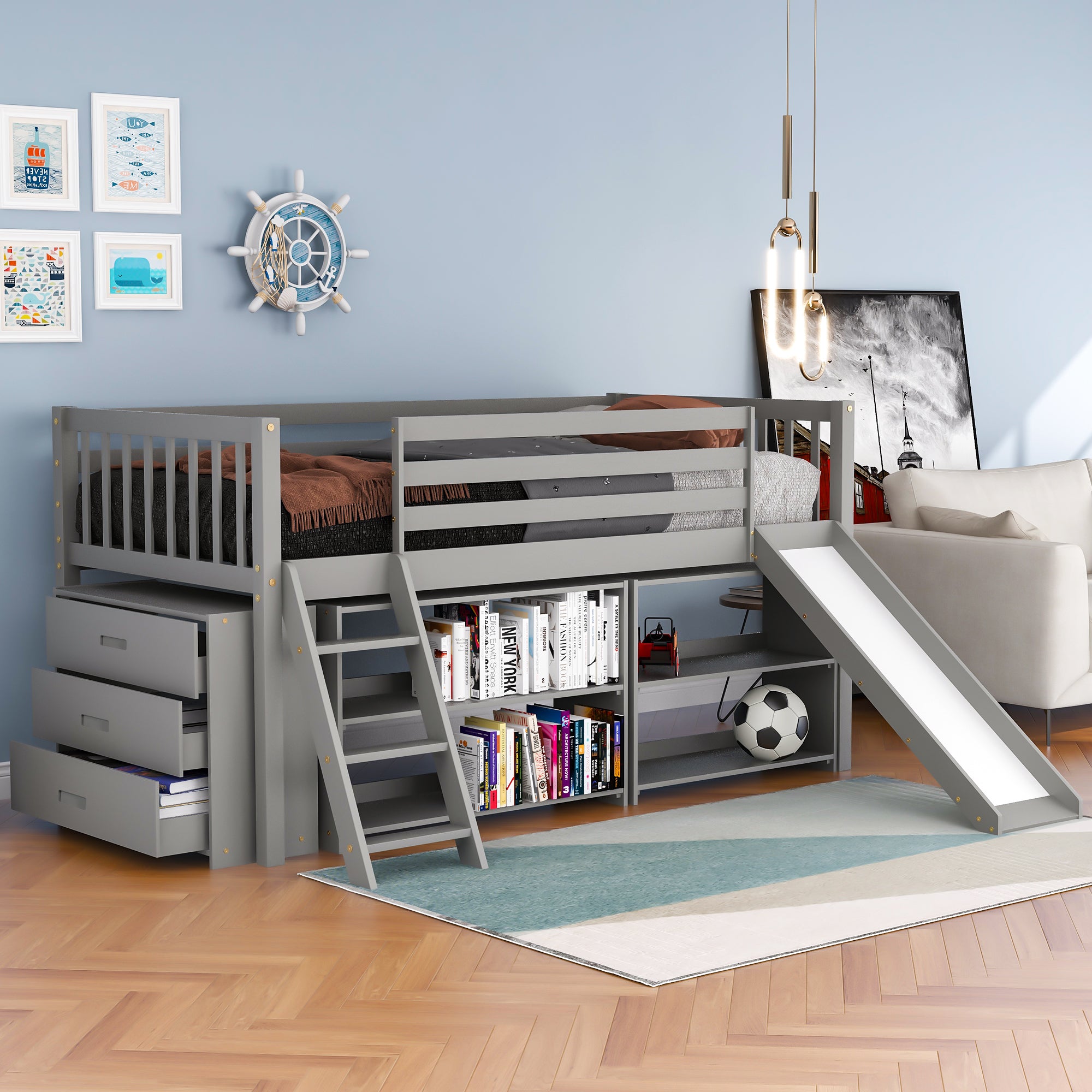 Low Loft Bed with Attached Bookcases and Separate 3-tier Drawers,Convertible Ladder and Slide,Twin,Gray - Atlantic Fine Furniture Melbourne FL