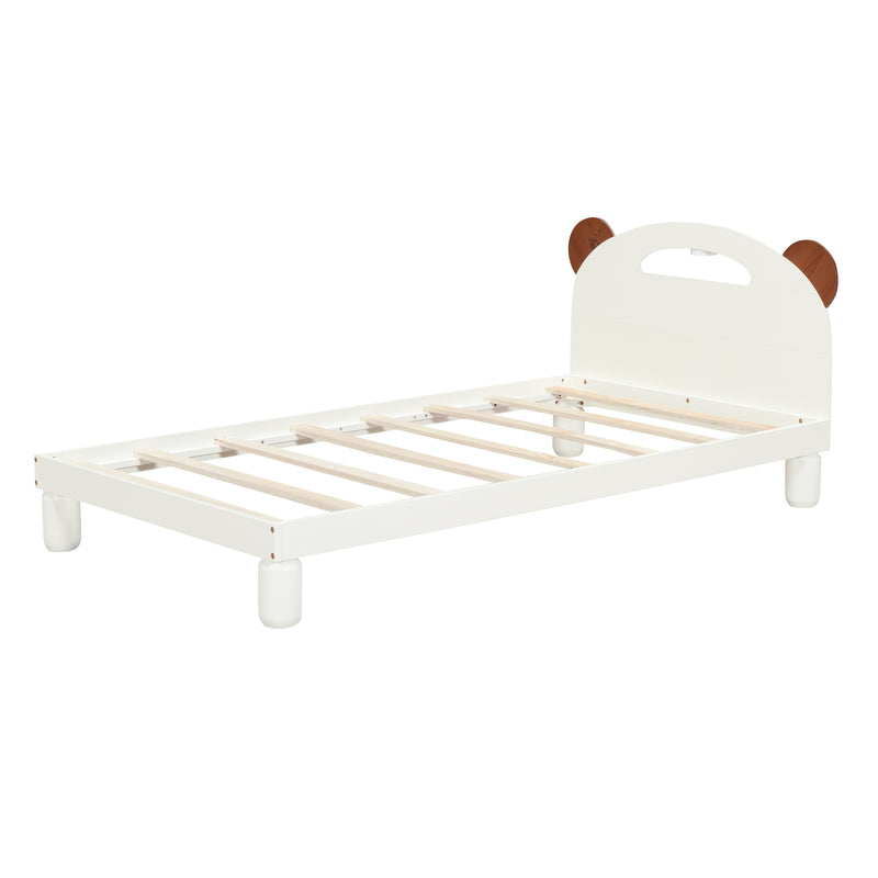 Twin Size Platform Bed with Bear Ears Shaped Headboard and LED, Cream White