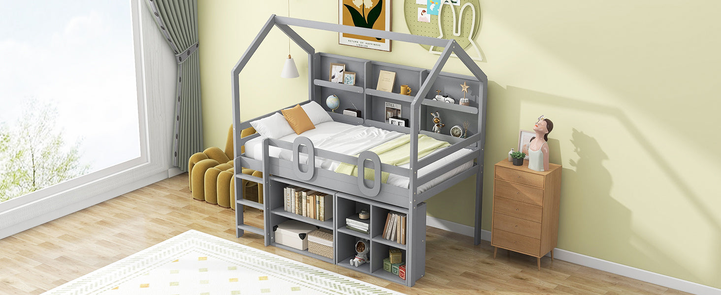 Twin Size House Loft Bed with Multiple Storage Shelves, Grey - Atlantic Fine Furniture Melbourne FL