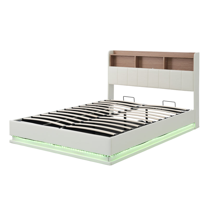Queen Size  Upholstered Platform Bed with Storage Headboard and Hydraulic Storage System, PU Storage Bed with LED Lights and USB charger, White