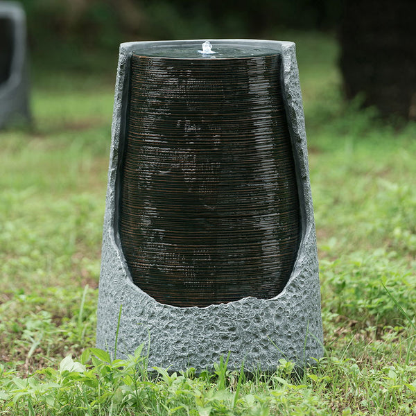 Indoor Outdoor Polyresin Water Fountain, Unique Broken Urn Fountain Chic Dynamic Modern Design With Light For Garden, Lawn, Backyard, Porch - Gray