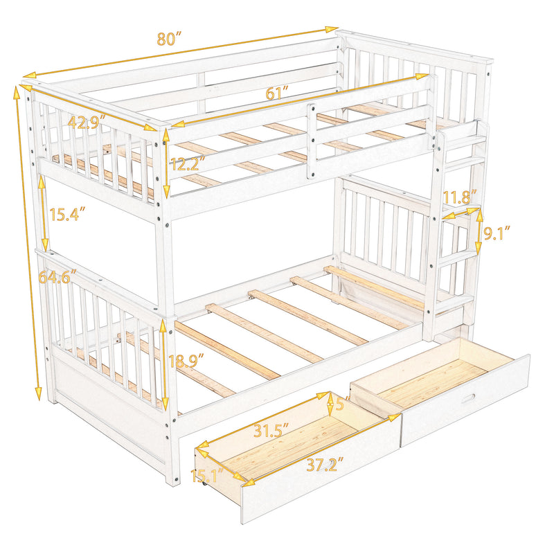 Twin-Over-Twin Bunk Bed with Ladders and Two Storage Drawers (Walnut)(OLD SKU:LT000265AAD)