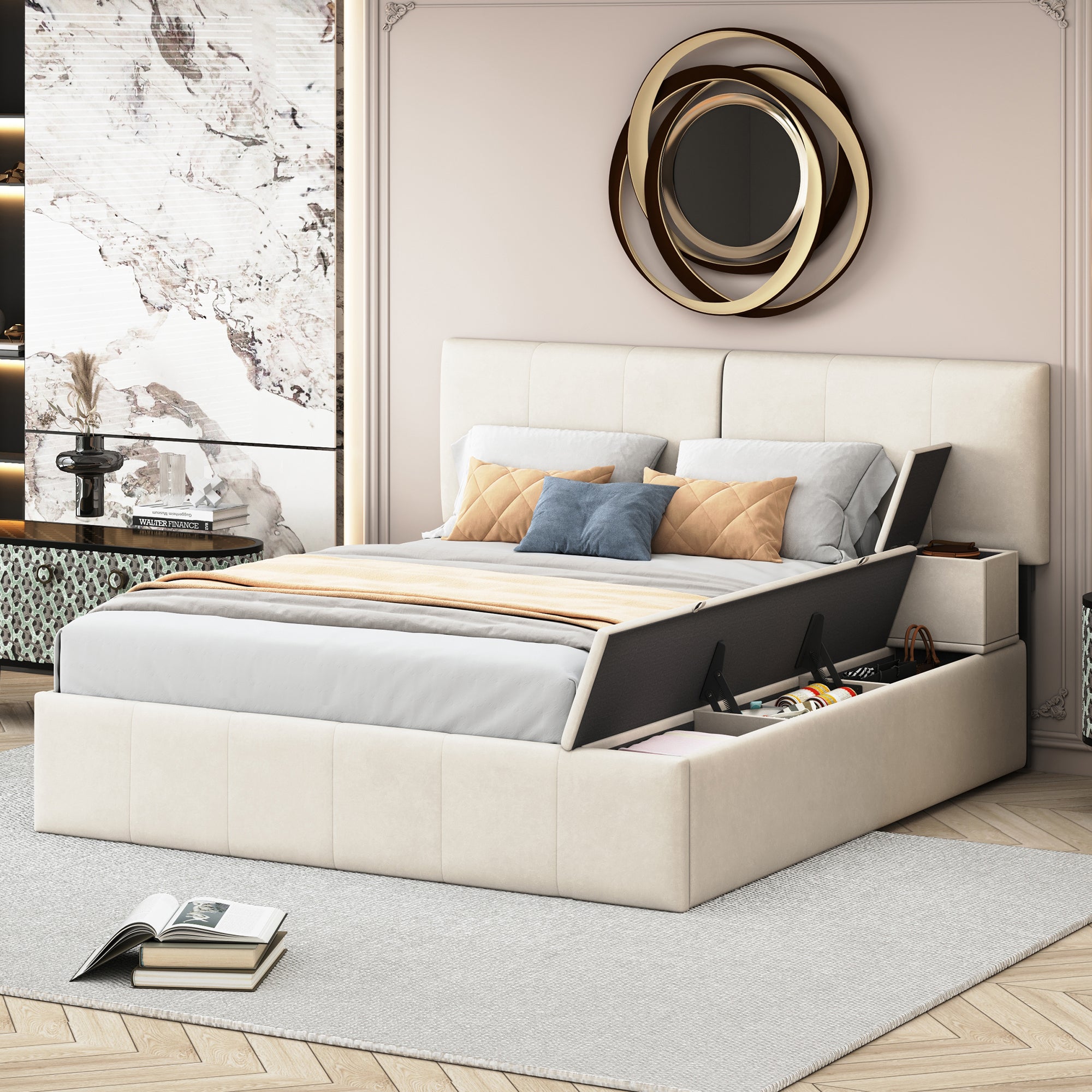 Queen Size Upholstered Platform Bed with Lateral Storage Compartments and Thick Fabric, Velvet, Beige - Atlantic Fine Furniture Melbourne FL