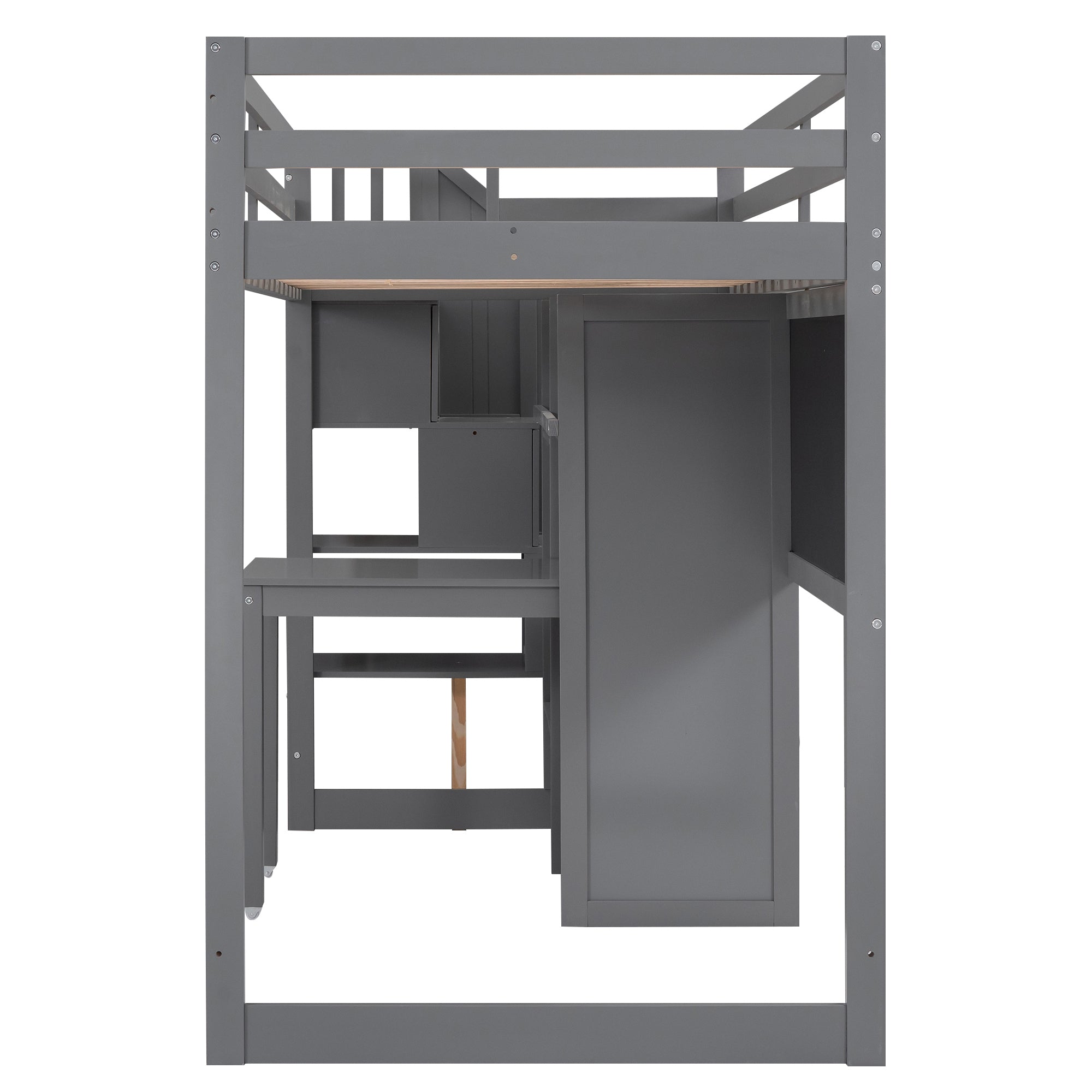 Twin Size Loft Bed with Pullable Desk and Storage Shelves,Staircase and Blackboard,Gray