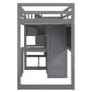 Twin Size Loft Bed with Pullable Desk and Storage Shelves,Staircase and Blackboard,Gray