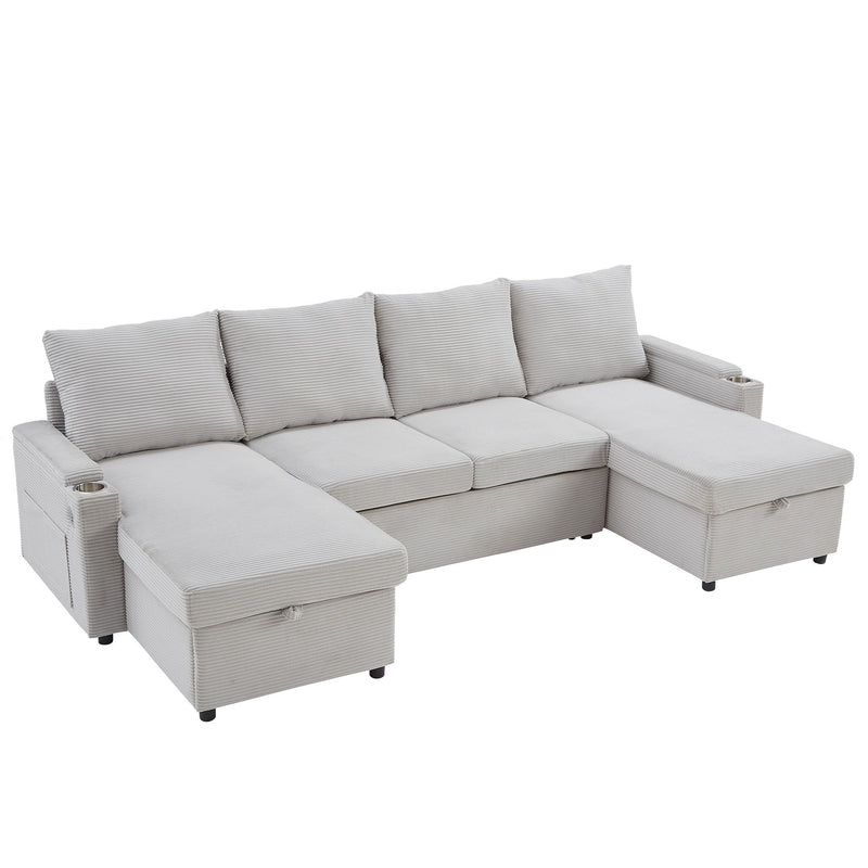 U Shaped Sectional Sofa Bed With Storage Chaise Lounges, USB Ports, And Cup Holders