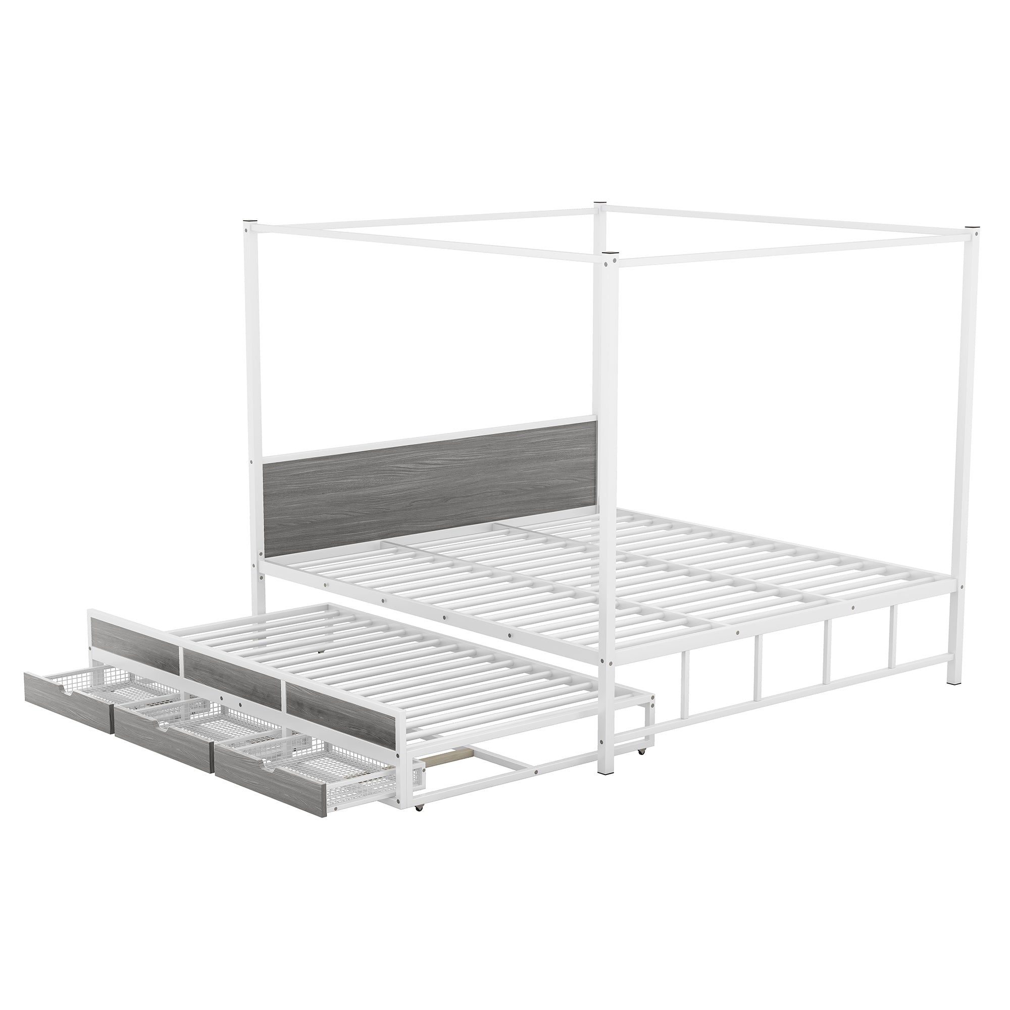 Queen Size Metal Canopy Platform Bed with Twin Size Trundle and 3 Storage Drawers, White - Atlantic Fine Furniture Melbourne FL