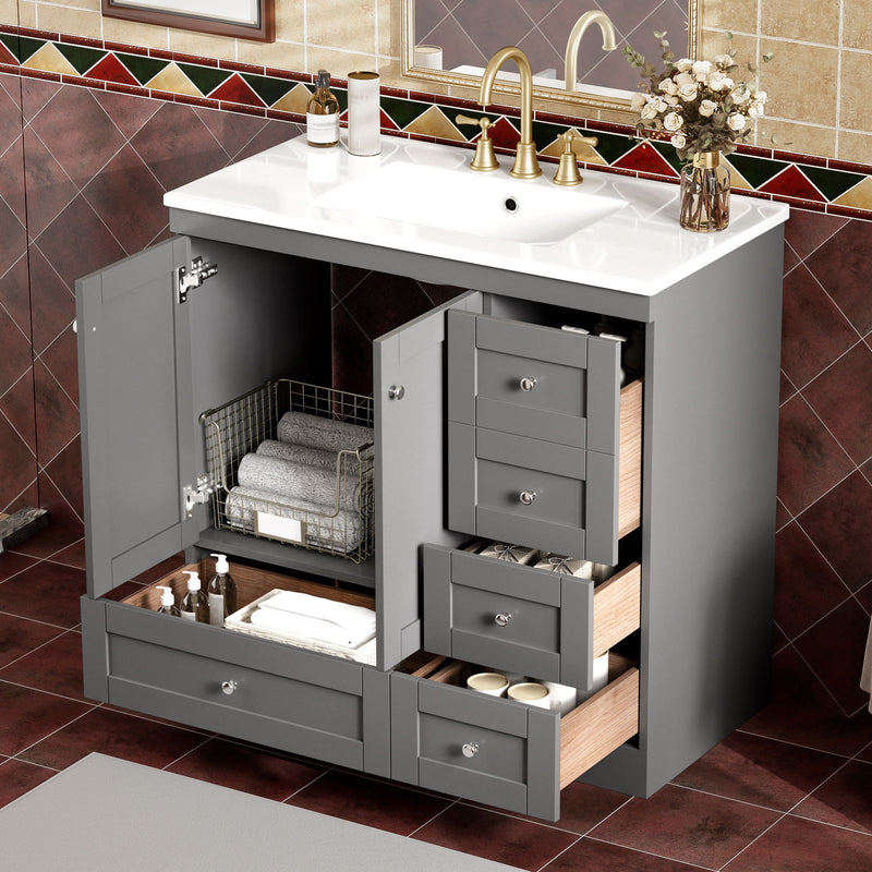 36" Shaker Free Standing Bathroom Vanity Cabinet With Sink, Soft Close Drawers, Soft Close Doors - Gray