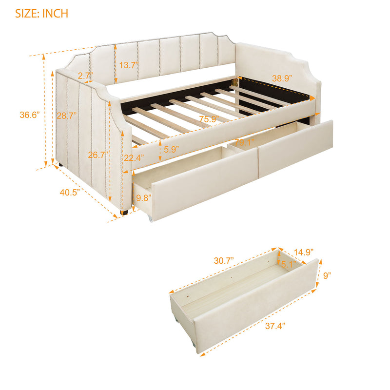 Upholstered Daybed With Drawers, Slat Support