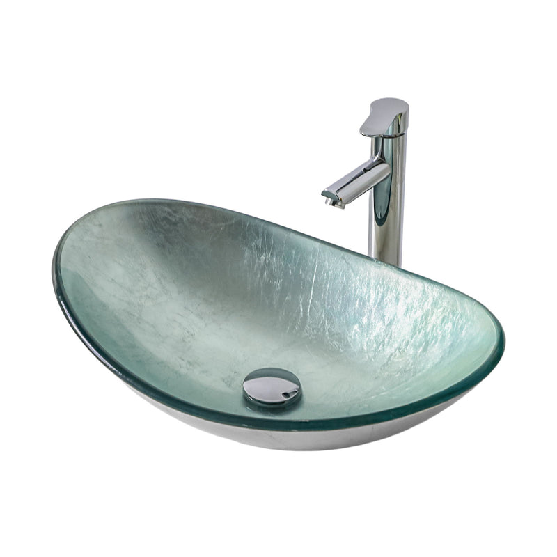 Tempered Glass Vessel Sink With Boat Shape Pop-Up Drain