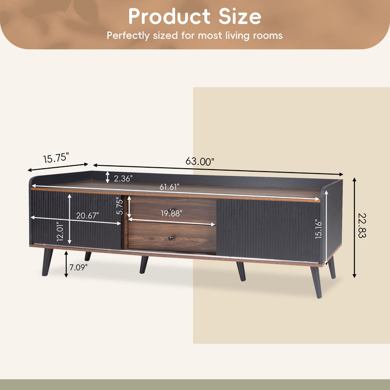 Mid Century TV Stand With 2 Cabinets & Open Compartments, Entertainment Center For Tvs Up To 70'', Television Console For Living Room - Dark Coffee / Black