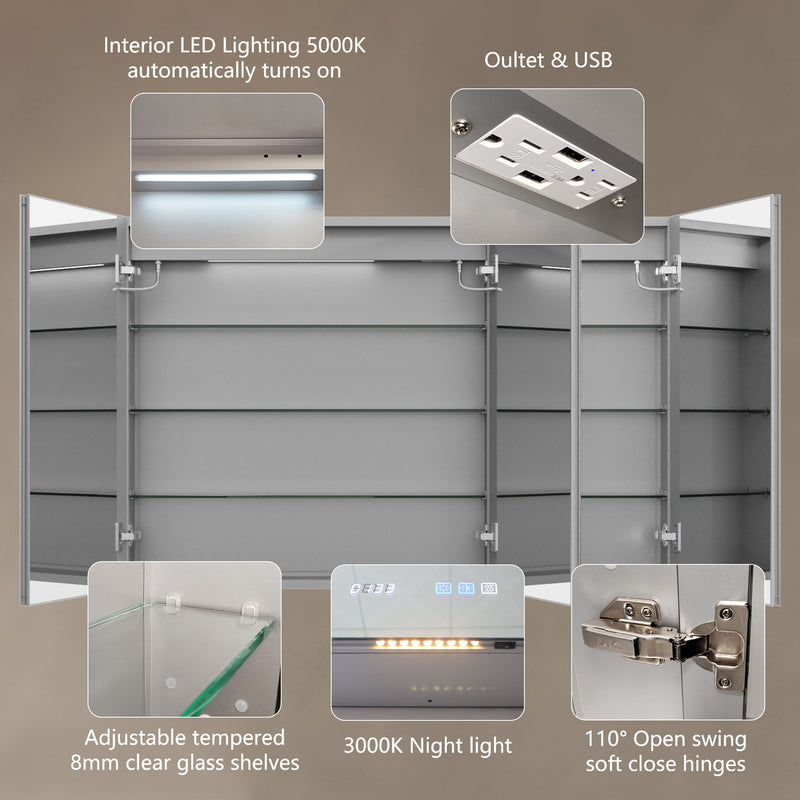 LED Lighted Bathroom Medicine Cabinet With Mirror, Recessed Or Surface LED Medicine Cabinet, Defog, Stepless Dimming, Color Temper Change, Storage Shelves