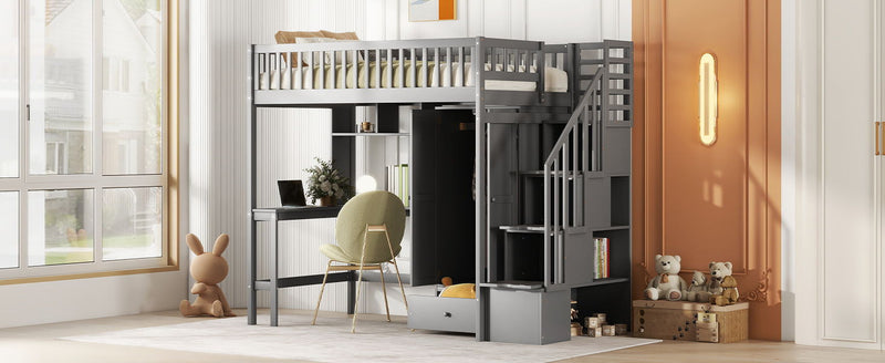 Twin Size Loft Bed With Bookshelf, Drawers, Desk, And Wardrobe - Gray