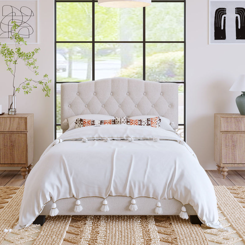 Full Upholstered Platform Bed With Saddle Curved Headboard And Diamond Tufted Details - Beige