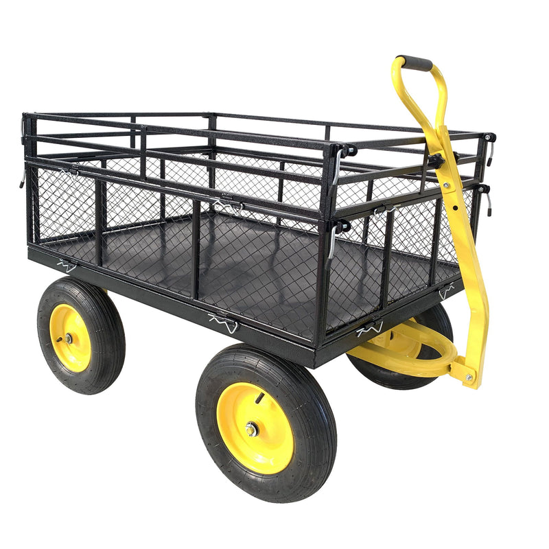 Steel Garden Cart, Heavy Duty 1400 Lbs Capacity, With Removable Mesh Sides To Convert Into Flatbed, Utility Metal Wagon With 2-In-1 Handle And 16 In Tires, Perfect For Garden, Farm, Yard - Black