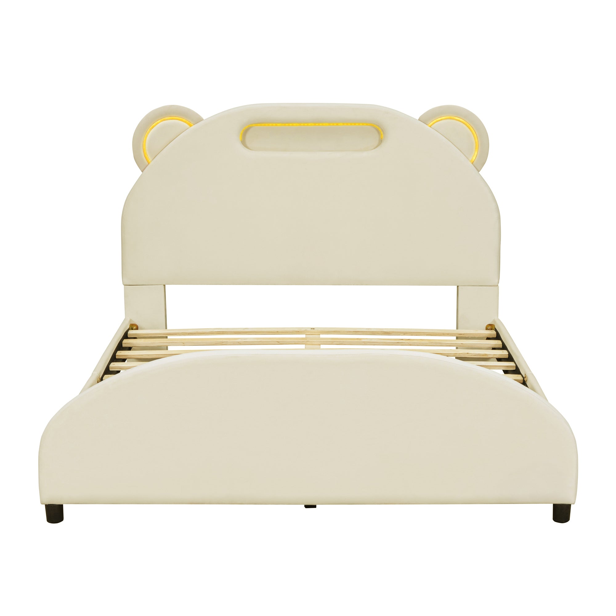 Full Size Upholstered Platform Bed with Bear-Shaped Headboard and Embedded Light Stripe, Velvet, Beige - Atlantic Fine Furniture Melbourne FL