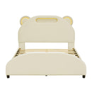 Full Size Upholstered Platform Bed with Bear-Shaped Headboard and Embedded Light Stripe, Velvet, Beige