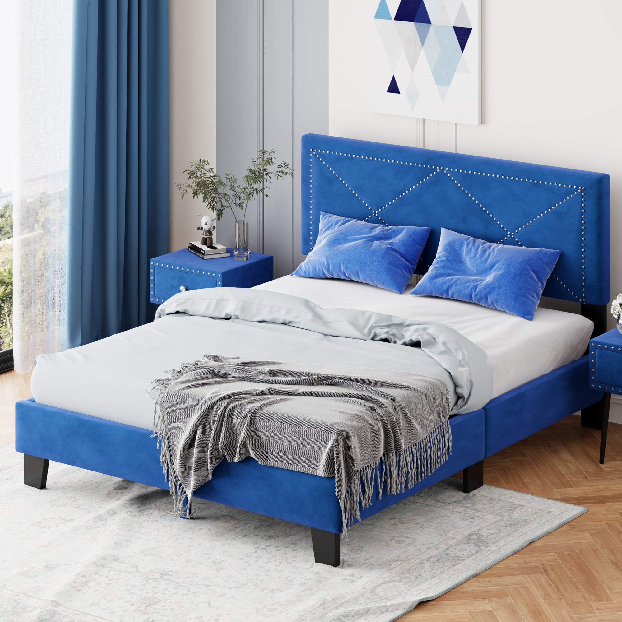 Simple Queen Size Upholstered Bed Frame with Rivet Design, Modern Velvet Platform Bed with headboard, Blue - Atlantic Fine Furniture Melbourne FL