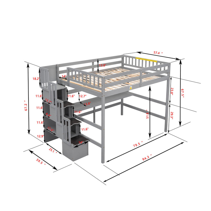 High Loft Bed With Built-In Desk, Ladder Platform, Ladders, Guardrails