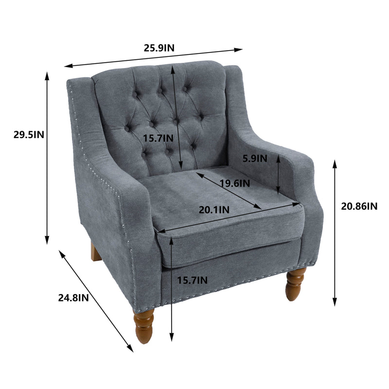 Accent Chair, Living Room Chair, Footrest Chair Set With Vintage Brass Studs, Button Tufted Upholstered Armchair For Living Room, Comfy Reading Chair For Bedroom, Reception Room