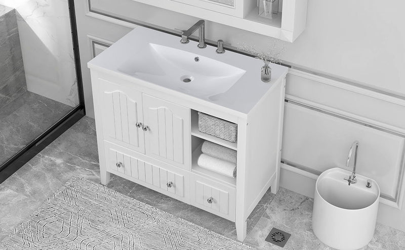 Bathroom Vanity With Ceramic Basin, Bathroom Storage Cabinet With Two Doors And Drawers, Solid Frame, Metal Handles