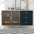 Modern Sideboard Buffet Cabinet Marble Sticker Tabletop And Amber-Yellow Tempered Glass Doors With Gold Metal Legs & Handles