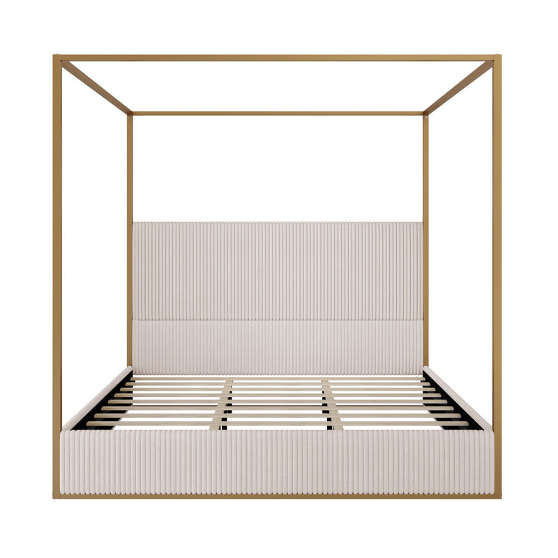 Luxury Canopy Bed With Plush Corduroy Upholstered Headboard