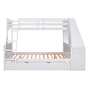 Twin over Full Bunk Bed with Trundle and Built-in Desk, Three Storage Drawers and Shelf,White
