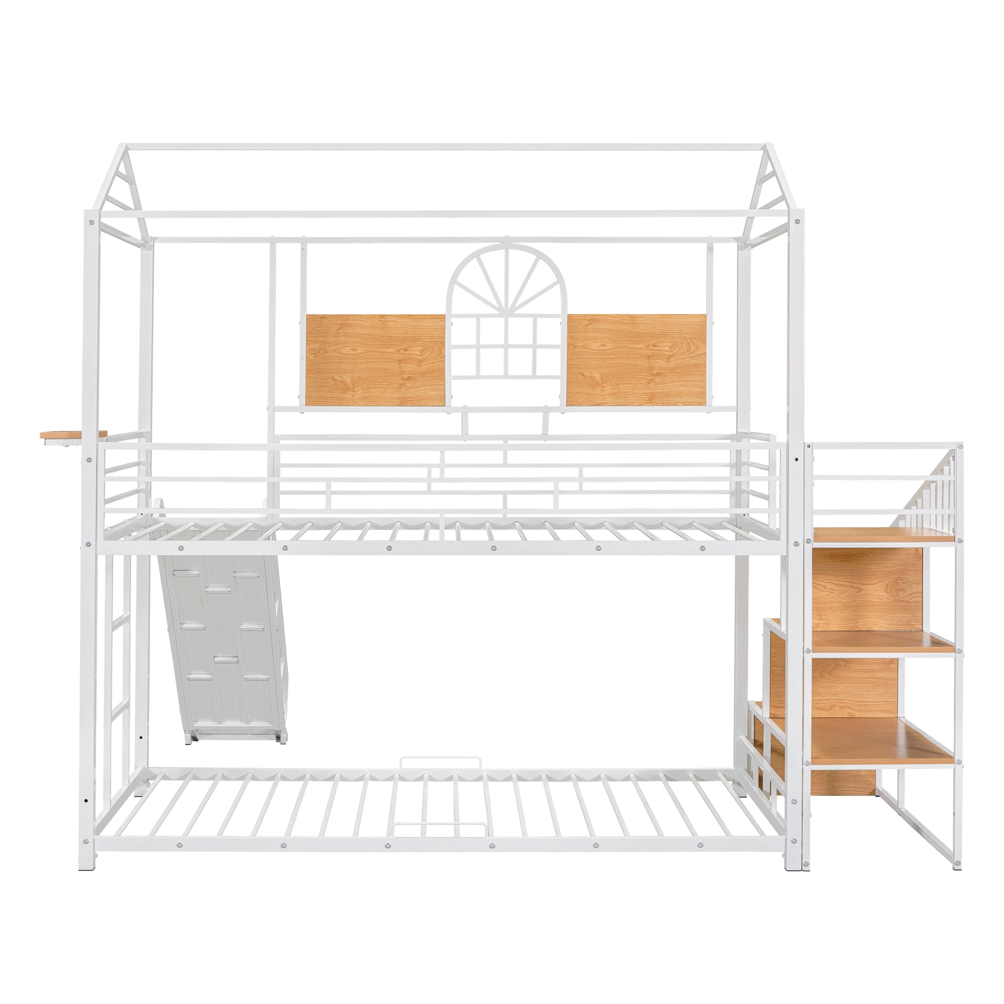 Twin Over Twin Metal Bunk Bed, Metal Housebed with Slide and Storage Stair, White with White Slide - Atlantic Fine Furniture Melbourne FL