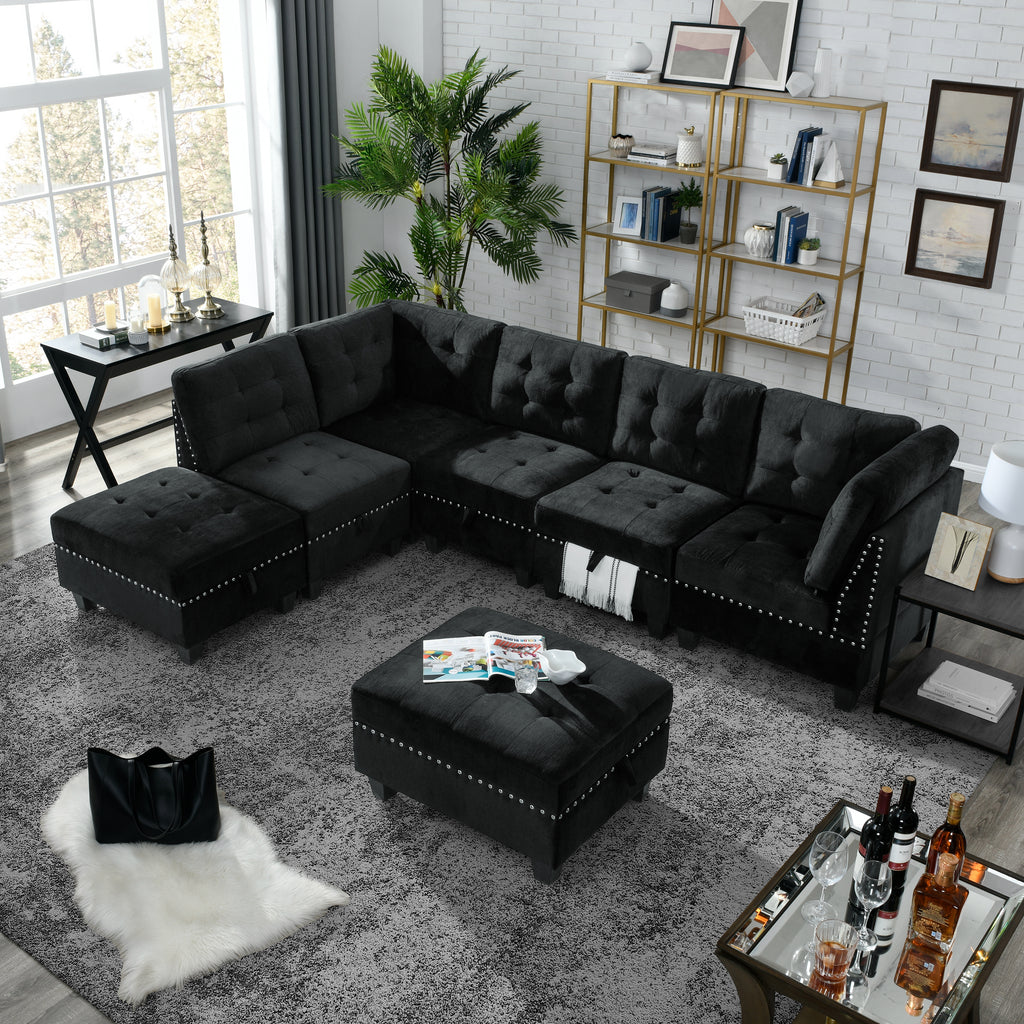 L shape Modular Sectional Sofa DIY Combination includes Three Single Chair Two Corner and Two Ottoman Black Velvet. Atlantic Fine Furniture Inc