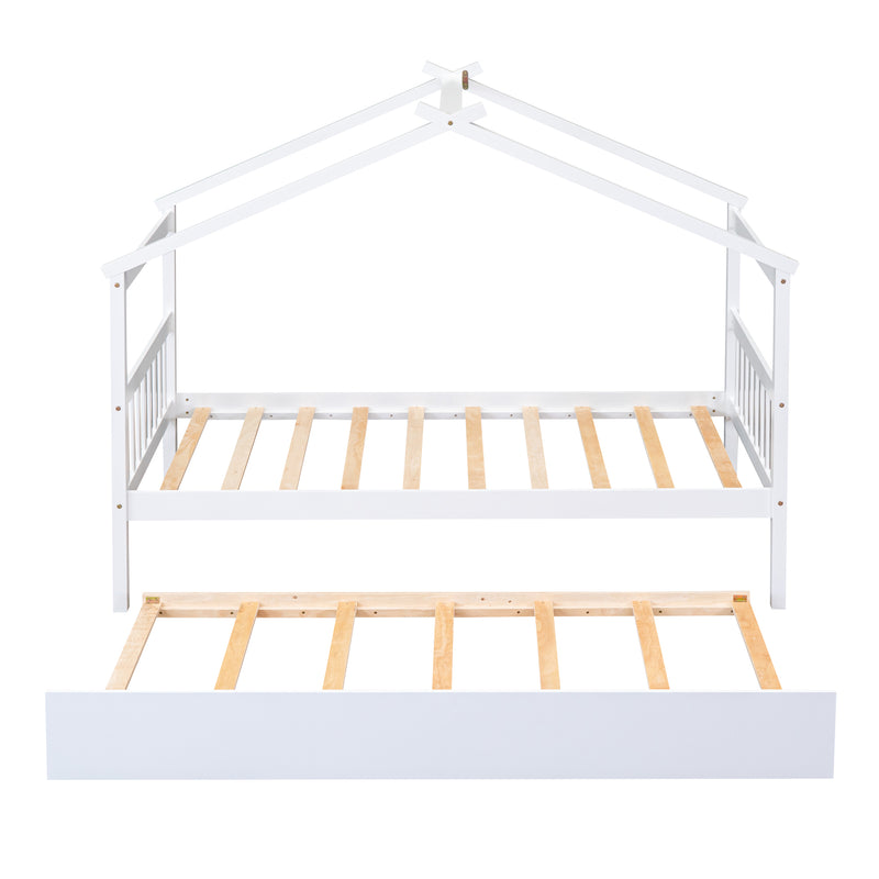 Twin Size Wooden House Bed with Twin Size Trundle, White